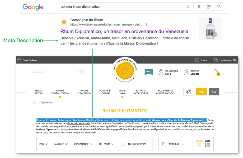 Exemple d'une Meta Description qui est re-écrite par Google.