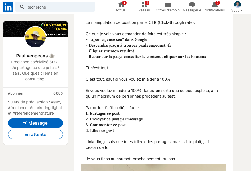 Publication Linkedin de Paul Vengeons sur la manipulation du CTR